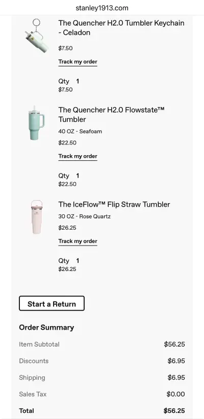 alt="Stanley 美國官網訂單截圖，折扣後總額 US$56.25，滿 US$50 免美國境內運費且無州稅"