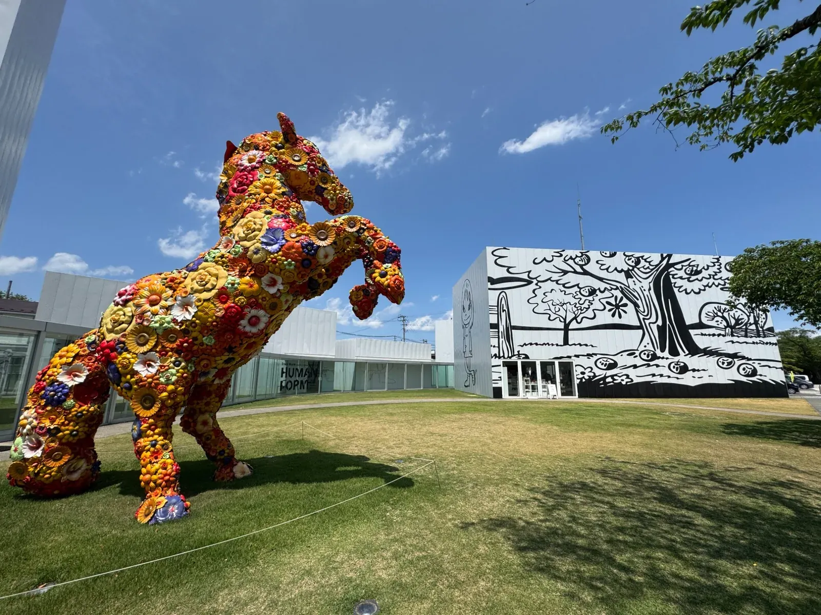 青森十和田市現代美術館 館外全景 — 彩色花朵拼貼馬雕塑與奈良美智壁畫建築
