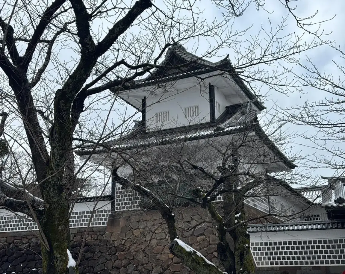 金澤城公園 雪景外觀 — 白雪石垣與枯樹冬景