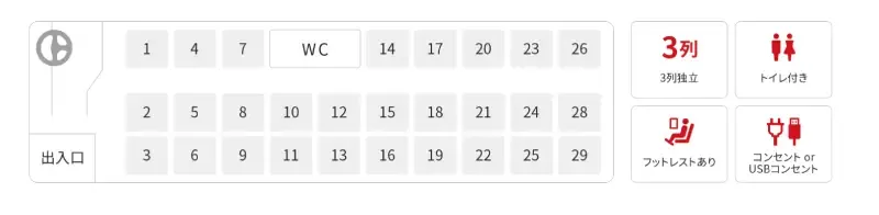 日本交通山陰特急巴士座位平面圖 — 3列独立、トイレ付き、フットレスト、コンセント