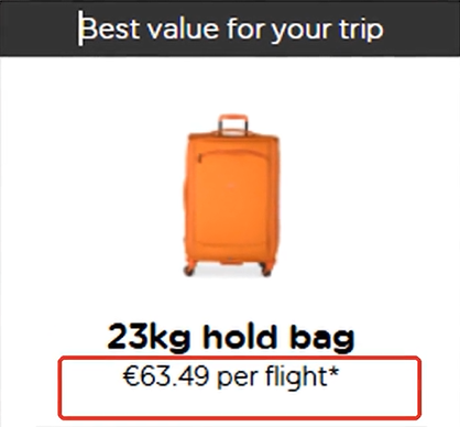 easyJet Manage Booking 加購行李頁面，23kg 託運行李顯示 €63.49 per flight，只有 Change weight 與加購按鈕，沒有換成託運的入口