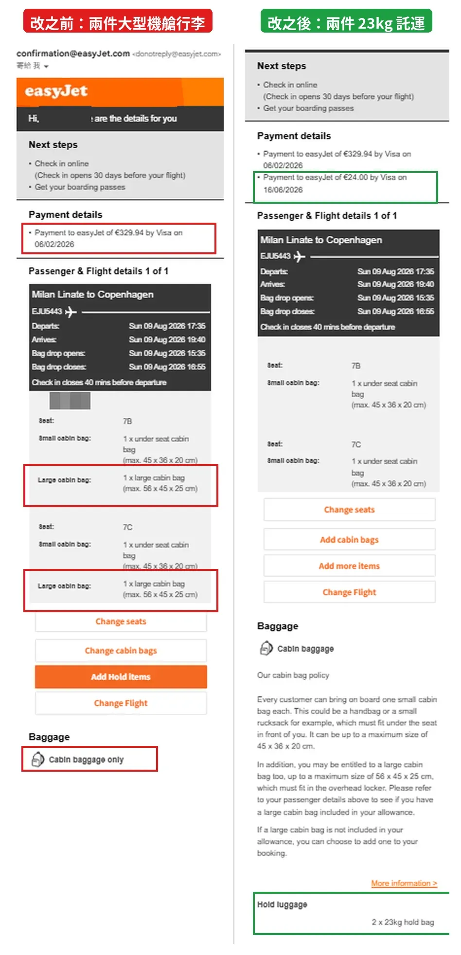easyJet 確認信改前改後對比，大型機艙行李換成兩件 23kg 託運行李，多一筆 24 歐元差價扣款