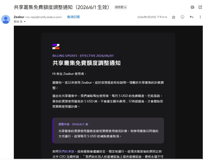 Zeabur 共享叢集免費額度調整通知信 — 2026/6/1 生效 email
