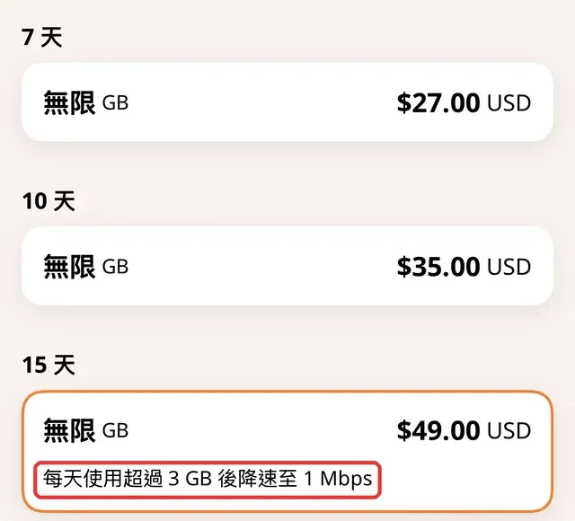 Airalo eSIM 歐洲區域 15 天無限流量方案選購畫面：標註每日 3GB 降速限制