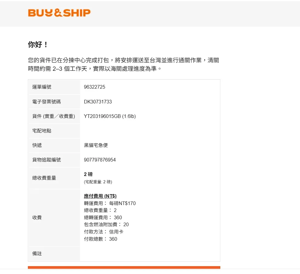 Buyandship 打包出貨通知，轉運費每磅 NT$170、收費重 2 磅、含燃油 NT$20 共 NT$360