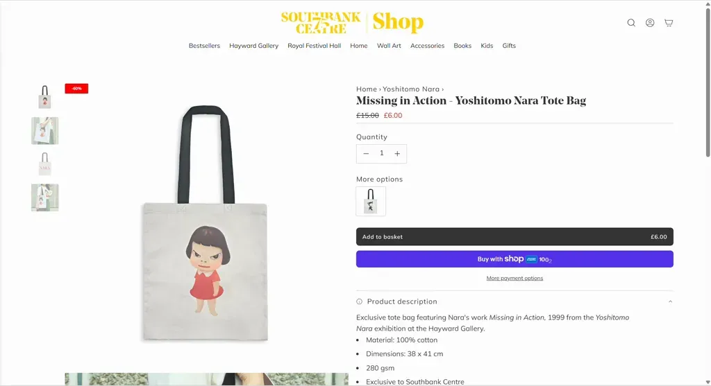Southbank Centre 官網 Missing in Action Yoshitomo Nara Tote Bag 商品頁，原價 £15 特價 £6
