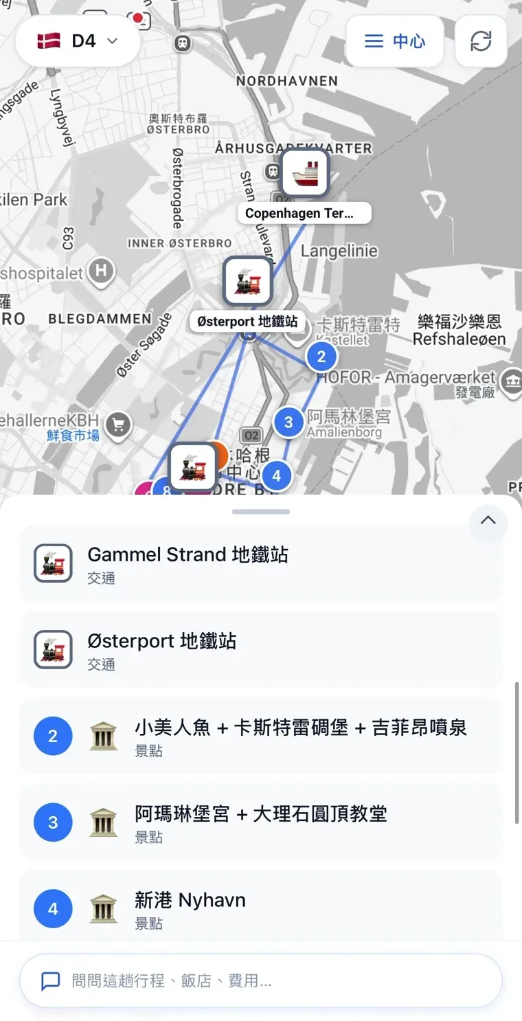 沿途 Alongway D4 哥本哈根當日路線地圖 編號 marker 與底部地點清單