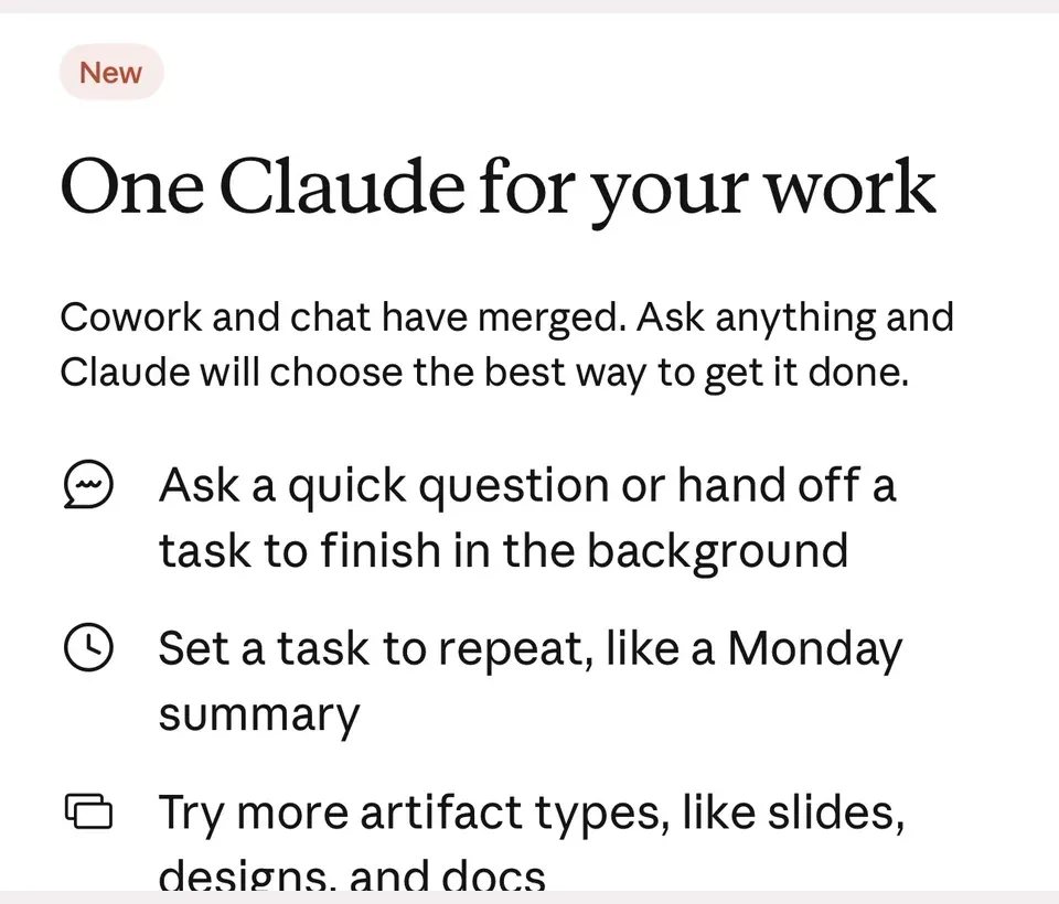 Claude 新版說明頁 One Claude for your work Cowork and chat have merged