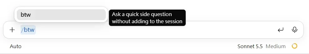 Claude 桌面版輸入框打 /btw 時的選單與提示:Ask a quick side question without adding to the session