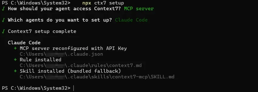 npx ctx7 setup 跑完，顯示 Context7 setup complete，並列出 MCP server、Rule、Skill 三項已安裝