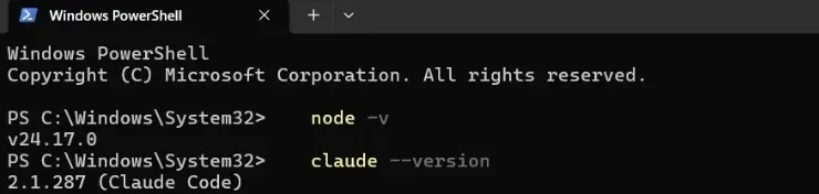 PowerShell 輸入 node -v 顯示 v24.17.0、claude --version 顯示 2.1.287 (Claude Code)