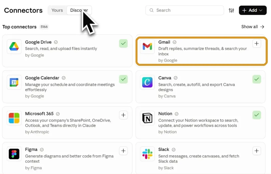 Claude 設定的 Connectors 頁切到 Discover 分頁,Gmail 連接器卡片右上角有加號按鈕