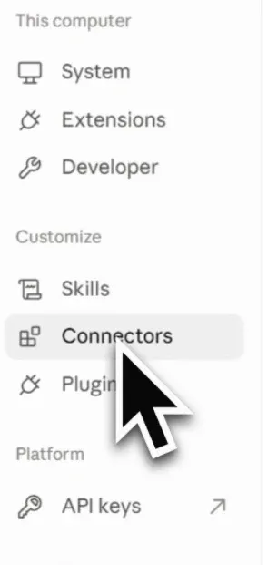 Claude 桌面 App 設定頁左側選單,Customize 區塊下的 Connectors 選項