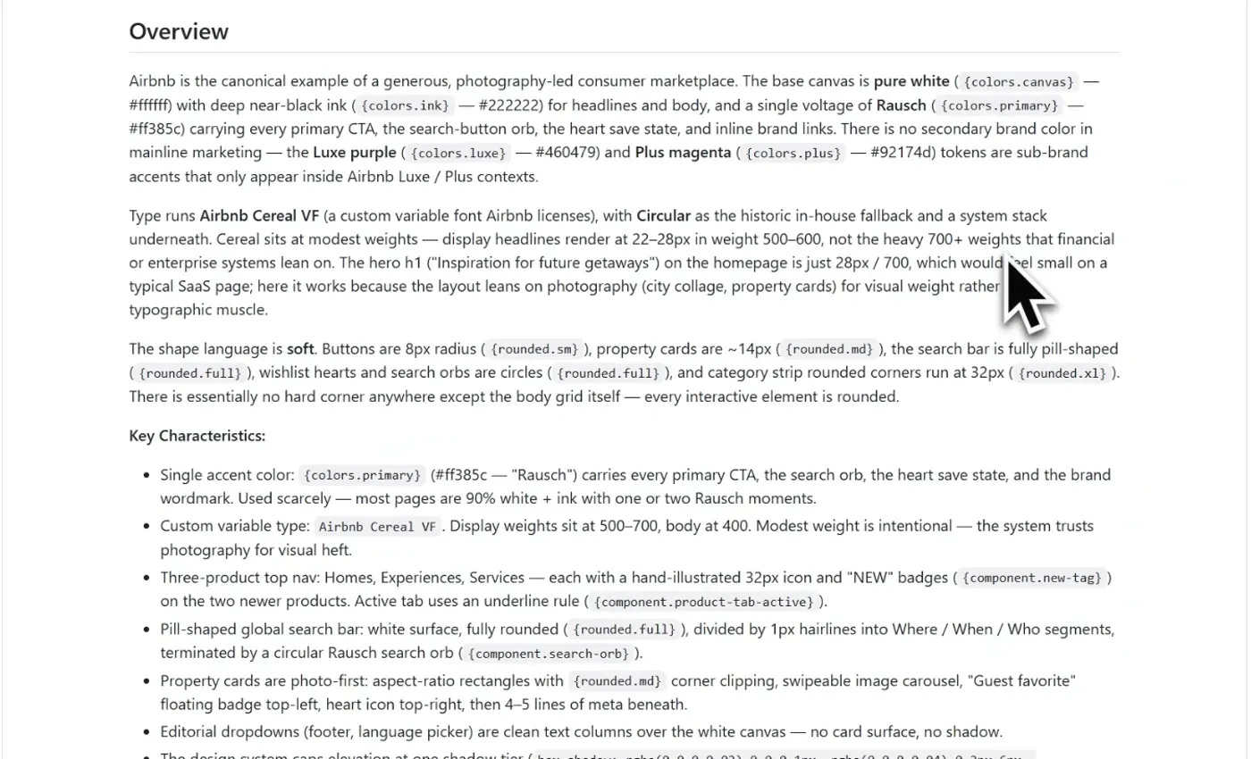 Airbnb 的 DESIGN.md 檔案頁,內容是 Overview 與 Key Characteristics 的英文設計風格說明