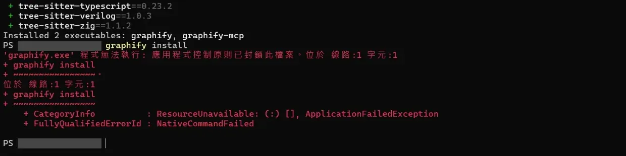 Windows PowerShell 執行 graphify install 的畫面,出現 graphify.exe 被 Windows 阻擋無法執行的錯誤,錯誤類型為 ApplicationFailedException,使用者資料夾路徑已遮