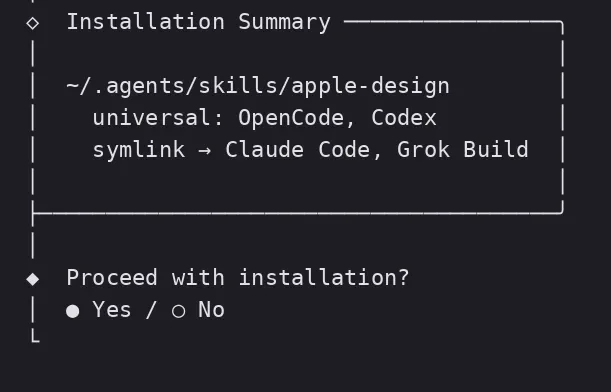 npx skills 安裝過程的終端機畫面,Installation Summary 之後詢問 Proceed with installation,預設選 Yes