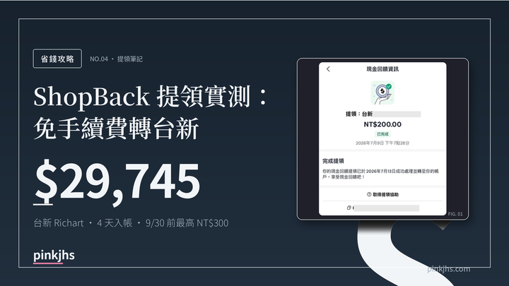 ShopBack 提領攻略｜台新 Richart 免手續費，9/30 前開戶最高送 300