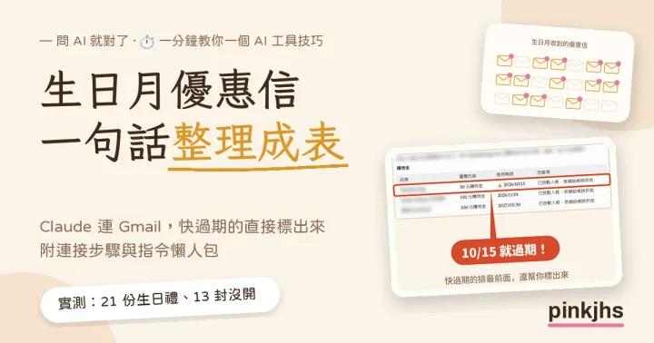 生日月優惠信沒開就過期？Claude 3 步整理成一張表（實測）